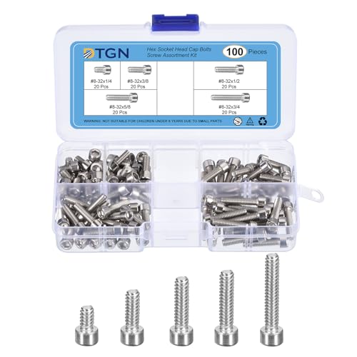 DTGN 100Pcs #8-32 Bolts Socket Head Screws Kit, #8-32 Screw Assortment, 304 Stainless Steel #8-32x1/4", 3/8", 1/2", 5/8"