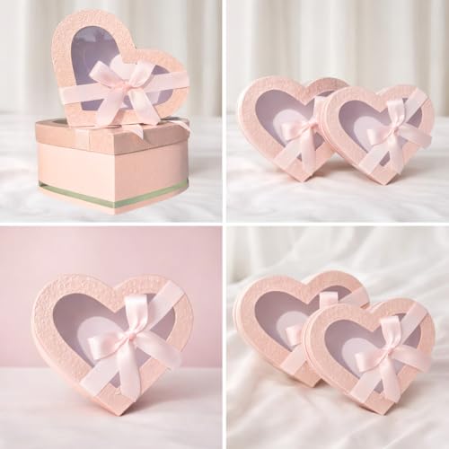 Image of Oasis Pack of 2 Heart Shaped Gift & Flower Hamper Boxes With Clear Lid & Satin Ribbon | Classic Bouquet Box for Flower Arrangements & Gift Hampers | Decorative Gift Packaging Box - Pink Blush Heart