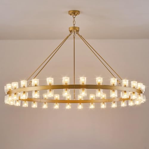 Image of 60 Inch Gold Wagon Wheel Chandelier with Crystal Shade, 60 Lights, Modern Farmhouse Style, Ideal for Dining Room, Kitchen, Entryways
