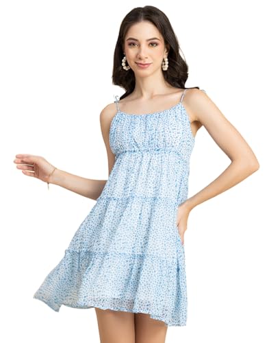 Image of Moomaya Women Printed Mini Dress, Strappy Shoulders Tiered Short Summer Dress
