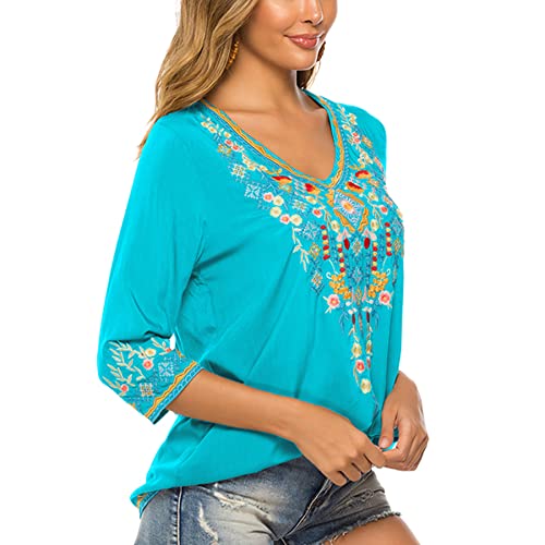 LauraKlein Women's Boho Embroidered Peasant Tops 3/4 Sleeve V Neck Mexican Bohemian Shirts Tunics Blouses4