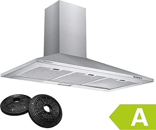 CIARRA CBCS9201 Hotte Aspirante 90 cm Classe A - 370m³/h - Avec Filtres à Charbon- Recyclage ou Evacuation - Cheminée Extensible - Hotte Noire - Acier Inoxydable