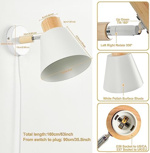 White Plug in Wall Sconces with Switch for Bedroom, Modern Rotation Wall Lamps Up Down E26 Mounted Fixture Wood Metal Lighting Switch Bedside Decor Reading Lights for Kids Bedroom, Living Room 7 41u+ev0RcNL. AC
