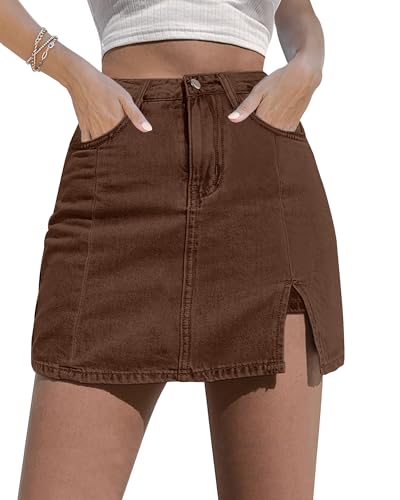 luvamia Skorts Skirts for Women Denim Mini Skirt Side Slit with High Wasited Jean Shorts Stretchy Brown Jean Shorts Tight Mini Skirt Rustic Brown Size Large Size 12-14