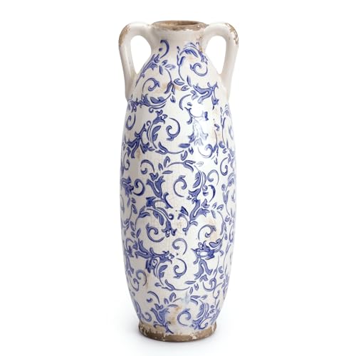 VICTOR & TERESA Blue and White Floor Vase for Pampas Grass, 11'' Tall Vase for Home Decor, Ceramic Farmhouse Decorative Large Vases for Flower, Mantel, Living Room, Shelf, Centerpieces, Gift for Mom
