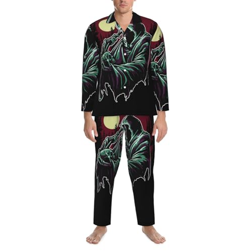Grim Reaper Mens Pajamas Set Button Down Sleepwear Set Long Sleeve Loungewear With Pockets
