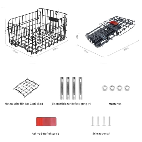 W&H Fahrradkorb Hinten Faltbar, Fahrrad Korb Metall Groß Klappbarer, FahrradKorb Gepäckträger Hinten mit Montagezubehör Gepäcknetz und Reflektor, Fahrradkorb für Kleiner Hund,Einkaufen,Picknick