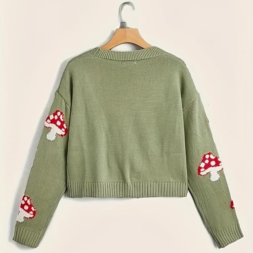 CORIRESHA Women's Cute Mushroom Cardigan Sweater Button Long Sleeve V Neck Knit Crop Outwear2