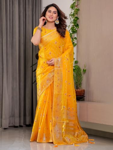 Image of ALMAARI FASHION Fendy Satin Foil Print Floral Saree with Tassels, Traditional Butti Motifs, 5.5m with 0.8m Blouse (FOIL 102 YELLOW H)