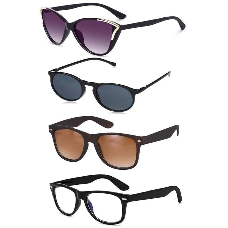 Unisex UV 400 Protected Round, Rectangular, Cateye Sunglasses For Women And Men | Stylish Classic Shades Black, Brown, Clear | Latest Branded Combo Offer Pack Of Fashion Glasses With Box #1601