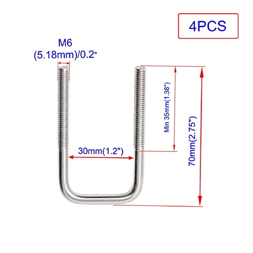 Image of U Bolt, 4 Sets 1.2 (30mm) Inner Width 304 Stainless Steel M6 Square U-Bolt with Plate Screw Nut Fastener, Suitable for Silver M6 x W-1.2inch x L-2.7inch