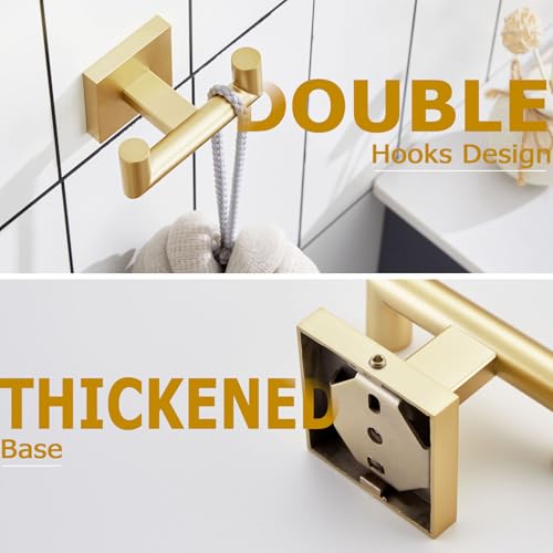 Image of KOKOSIRI Robe Hooks Bathroom Double Towel Coat Hook for Bath Kitchen Wall Mounted, 3 Pack Brushed Gold Stainless Steel B1015BG-P3