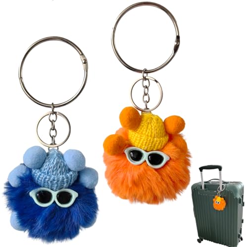 Pom Pom Luggage Tags – Plush Ball Identifier for Suitcase Backpack Stroller – Travel Accessory Gift Sturdy Metal Ring