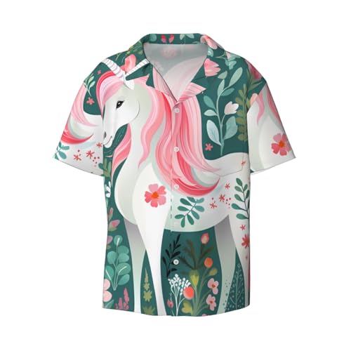 GUHAOT Camisa de cuello cubano para hombre, unicornio con estampado de pelo rosa, camisa de vacaciones de manga corta para verano, camisetas relajadas para playa y viajes, Negro, M