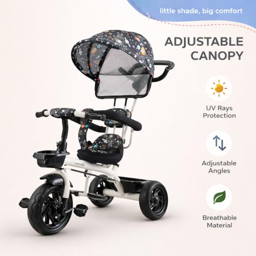Image of Maanit Kids Tricycle with Canopy & Dual Storage Basket - Toddler Bike with Parental Handle Control, Safety Guardrail & Comfort Seat - Trike for Ages 1.5-5 Years (M692) (Grey)