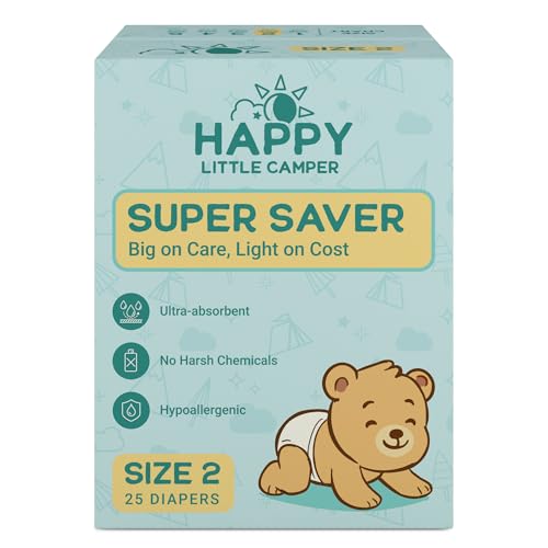 Image of Happy Little Camper Super Saver Diapers, Size 2, 25 Count | Budget-Friendly Disposable Baby Diapers for Sensitive Skin | Hypoallergenic, Fragrance-Free, Ultra Absorbent