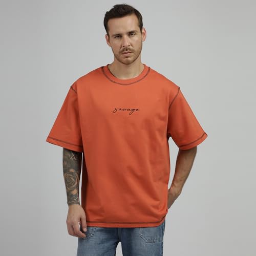 Image of BE SAVAGE 240 GSM Ultra Premium Heavyweight Oversized T Shirt for Men with Embroidered Savage in Front Drop Shoulder T Shirts for Men Embroidery T Shirt