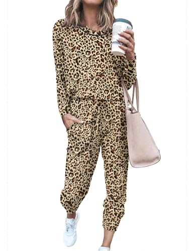 Ekouaer Pajamas Women's Long Sleeve Pj Set Soft 2 Piece Loungewear Sleepwear with Jogger Pants Apricot Leopard Print,M