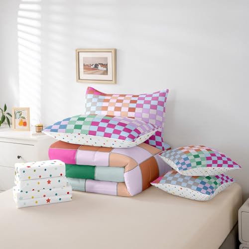 Image of Erosebridal Colorful Buffalo Plaid Full Comforter Set 7 Piece Geometric Grid Checkered Bedding Set Rainbow Ombre Checkerboard Bed in A Bag for Kids Boys Girls Women,Groovy Aesthetic Bed Set
