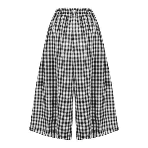 Capri Pants for Women Wide Leg Culottes Gingham Casual Summer Elastic Waist Plaid Palazzo Trousers Bottoms with Pockets4