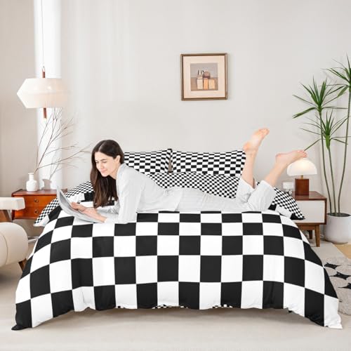 Black and White Plaid Duvet Cover Set Queen Size, Reversible Geometric Grid Bedding Quilt Cover for Boys Teens Adults Room Decor, Soft Lattice Checkerd Comforter Cover with 2 Pillowcases, No Filler