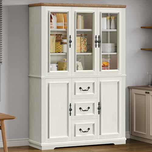 DWVO Large Storage Cabinet, 72" Tall Kitchen Pantry with Glass Doors, Freestanding Glass Display Cabinets with Adjustable Shelves & Drawers, Food China Hutch for Dining Room, Living Room, White