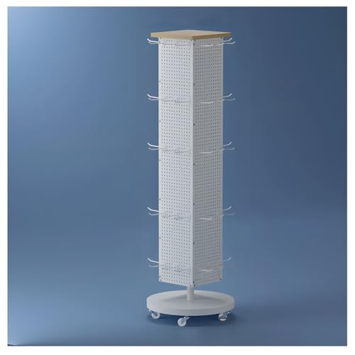 Zfmnoyev Four-Sided Pegboard Tower Floor Display Shelf, Revolving Retail Counter Display W/ 60 Hooks, for Socks Accessories Keys Sticker(White,43x43x145 cm)