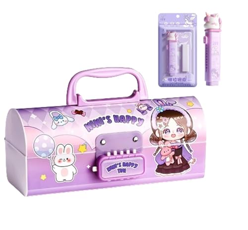 Image of New Cartoon Theme Pencil Box with Push Pull Eraser Set for Kids | Suitcase Style Password Lock Stationery Organizer | School Supplies Gift Combo for Boys & Girls (Nini Happy Purple + Eraser)