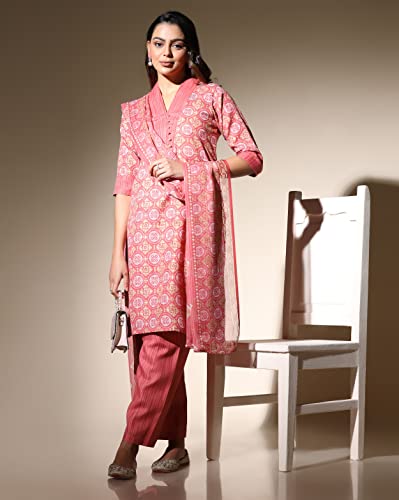 Image of Leriya Fashion Women's Kurta Pant Dupatta Set || Cotton Blend Abstract Leaf Printed Kurti Pant Dupatta Pair || Flattering Front Placket Neck Design || for Outing || Regular Wear