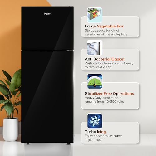 Image of Haier 240L 2 Star Frost Free Top Mount Double Door Refrigerator|Cool Pad|200% Faster Ice Making in 49 Minutes (HRF-2902EKG-P, Black Glass)