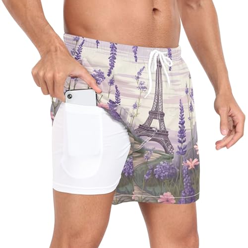 xigua Eiffel Tower Lavender Mens Swim Trunks with Liner, 5 inch Quick Dry Mens Boardshorts for Beach2