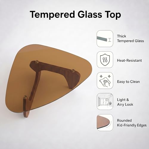 Image of 35.8 inch Glass Coffee Table, Modern Coffee Tables for Living Room, Organic Round Coffee Table with Smoked Tempered Glass Top and Walnut Finish Wood Base, Small Center Table, Mesa de Centro para Sala