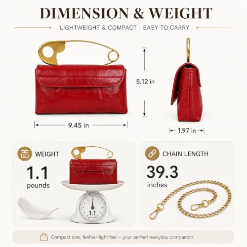 Image of Women's Small Soft Pin Shaped Vegan Leather Crossbody Purse Bag with Gold Metallic Handles & Chain