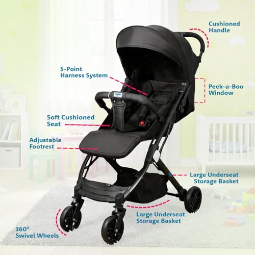 Image of Amazon Brand - Supples Baby Stroller for Newborns & Toddlers 0-3 Years | Auto Fold Travel Cabin Trolley Pram | Adjustable Backrest, 5-Point Safety Harness, 360 Wheels | Black