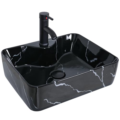 YU YUSING Lavabo Vasque à Poser Rectangulaire en Céramique avec Ensemble de Robinets, Lave-Mains, pour Salle de Bain, Cuisine, WC d'invités, Noir Moderne, 48 x 38 x 13.5 cm