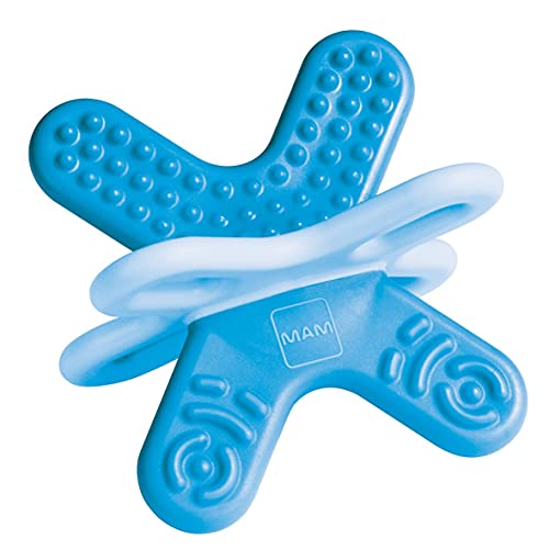 MAM Bite & Relax Phase 2 Mini Beißring, Zahnungshilfe speziell für die Backenzähne, extra leichter Beißring für Babys in 3D-Form, ab 4+ Monate, blau