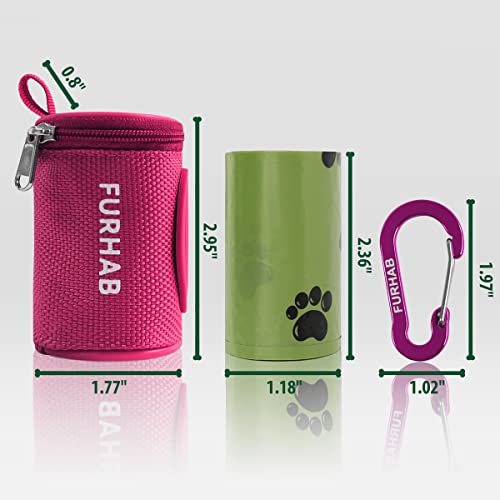 Image of FURHAB Dog Poop Bag Holder for Leash Doggie Waste Bag Dispenser Soft Fabric Puppy Potty Carrier Small Doggy Zipper Pouch with Carabiner Clip 1680D Nylon Oxford with 1 Roll of Pet Trash Bags, Rose Red