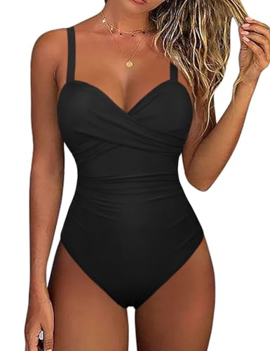 Hilor Women's Underwire One Piece Swimsuits Criss Cross Push Up Bathing Suit Retro Ruched Tummy Control Swimwear