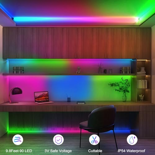 Image of echosari 9.8FT 90Led RGB Strip Lights Battery Powered Remote Control, 8 Modes, Dimmable, Timer, Self-Adhesive, Cuttable, Waterproof, for TV Computer Monitor /Screen Decor (Pack of 3)