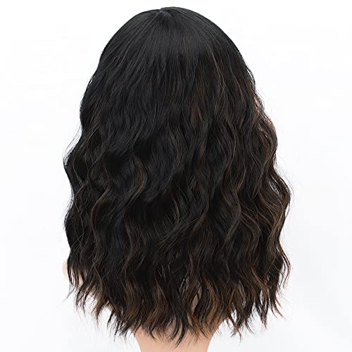 Image of AISI HAIR Wavy Bob Wigs with Bangs for Women Black Mixed Brown Color Short Wavy Bob Curly Wig Synthetic Natural Looking Heat Resistant Fiber Hair for Women