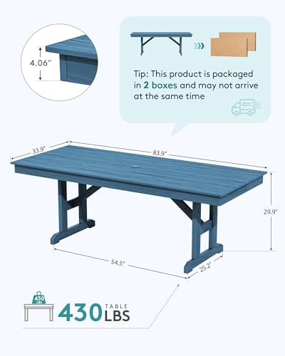 Image of SERWALL Outdoor 84 inch HDPE Dining Table with Umbrella Hole for 6-8, Blue | 9-piece HDPE 84 inch dining table, Ideal for Outdoor Gathering