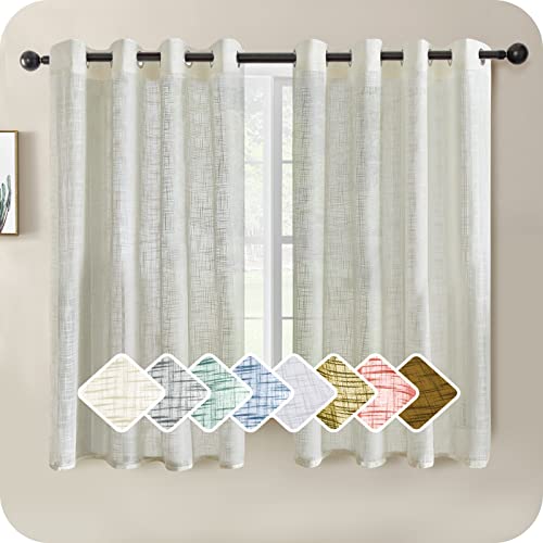 MRTREES 2 Pièces Rideaux Voilage Lin Crème 140x145 cm Voilage Court pour Petite Fenêtre Rideau Tamisant à Oeillets Naturel avec Motifs de Croix Décoration Élégante de Salon Chambre Salle à Manger Cover