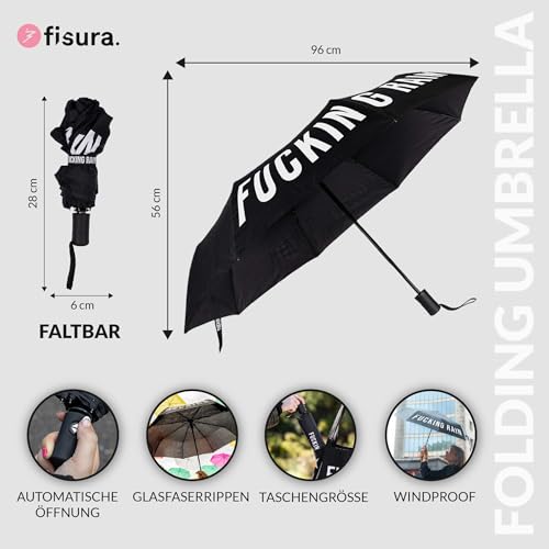 Fisura - Originaler faltbarer Regenschirm \f*cking rain“. Mini-Regenschirm in Schwarz und Weiß. Kleiner Damenregenschirm. Automatischer faltbarer Regenschirm. Reise-Regenschirm.