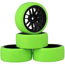 Mxfans Black Plastic 14 Spoke Wheel Rims and Green Drift Smooth Tyres for RC 110 On Road Racing Car Set of 4