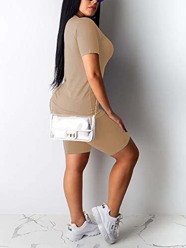 Uni Clau Women\'s Letter Two-Piece Outfit Tracksuit - Casual Short Sleeve T-Shirts Bodycon Shorts Set Jumpsuit Rompers Sandy