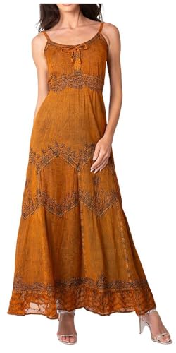 Image of Sakkas Stonewashed Rayon Embroidered Adjustable Spaghetti Straps Long Dress