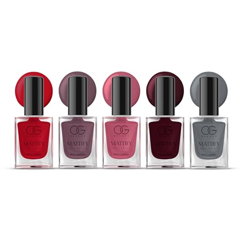 OG BEAUTY Mattify Nail Paint Set of 5 | Vegan, Quick-Dry & Long-Lasting Matte Nail Polish | Red Carnival, Magenta Fantasy, Perfect Pink, Wineberry Dream & Calm Grey | 10ml Each