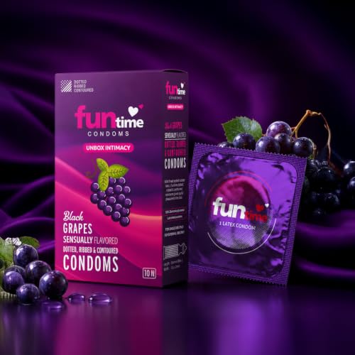 Image of Funtime Black Grapes Flavoured Dotted Condoms Pack of 2 (10pcs each) | Ribbed & Contoured Condoms for Higher Pleasure | Made With Natural Rubber Latex | Lubricated for More Excitement & Satisfaction