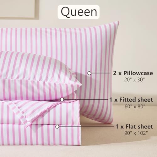Image of MCO 4Pieces Striped Sheets Set, Breathable Queen Sheet Set with 16 inch Deep Pocket,Modern & Luxury, Brushed Microfiber Bedding Set(Queen, Pink Simple)