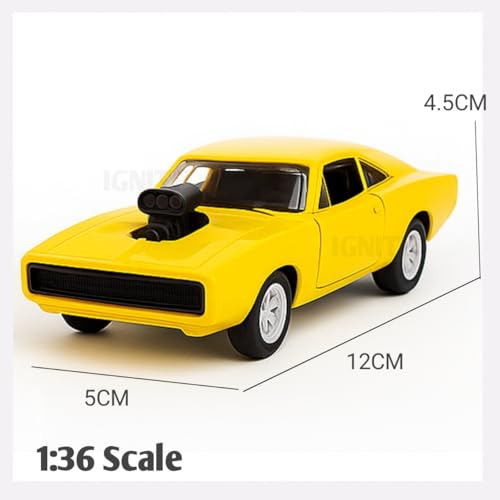 Image of 1:36 Scale Fast & Furious 7 Dom Dodge Charger Toy Car - Die-Cast Alloy Pullback Model Vehicle with Openable Doors - Collectible Metal Racing Car Toy for Kids, Boys (Yellow)